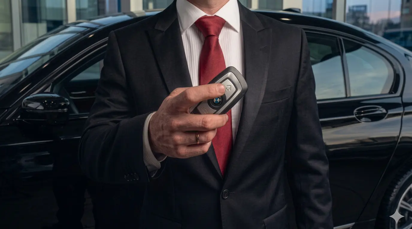 Close-up of a hand holding a vehicle remote key beside a suit and tie