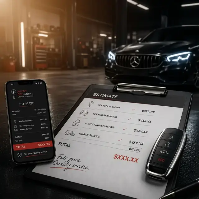 Service estimate displayed beside a phone and vehicle remote key