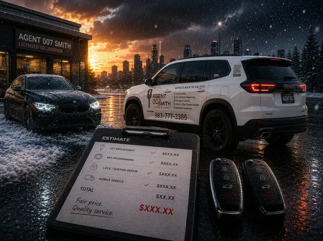 Mobile locksmith vehicle, service estimate and remote key in rainy conditions