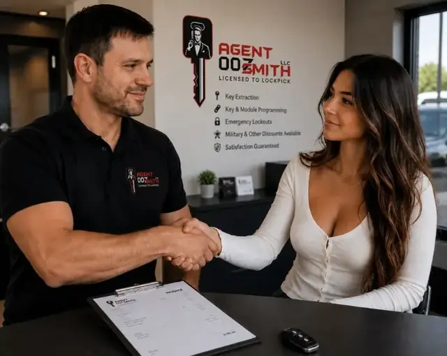 Locksmith and customer shaking hands across a service counter