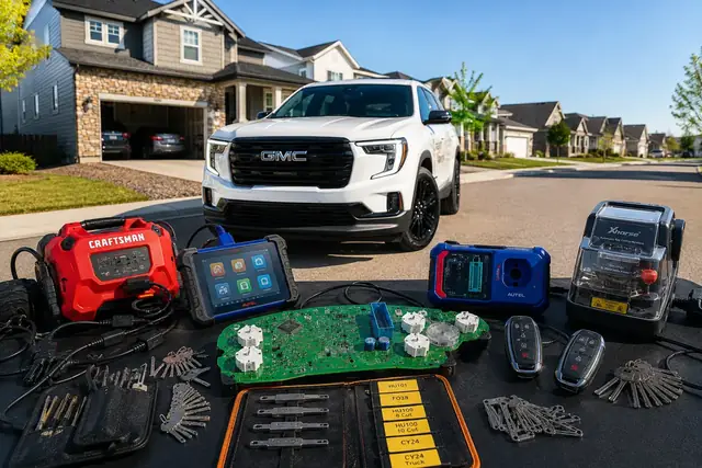 Key programming devices, remote keys and locksmith tools arranged beside a vehicle