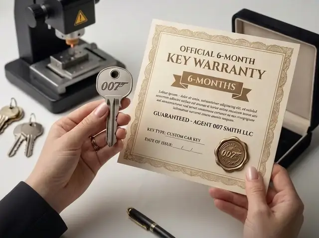 Vehicle key and six-month key warranty certificate beside key-cutting equipment